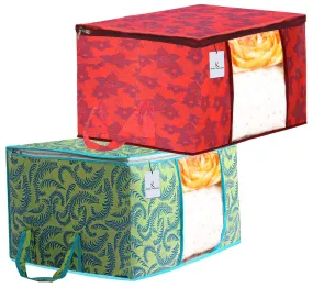 Kuber Industries Metalic Printed 2 Piece Non Woven Fabric Underbed Storage Bag,Cloth Organiser,Blanket Cover with Transparent Window, Green & Red -CTKTC41065,standard