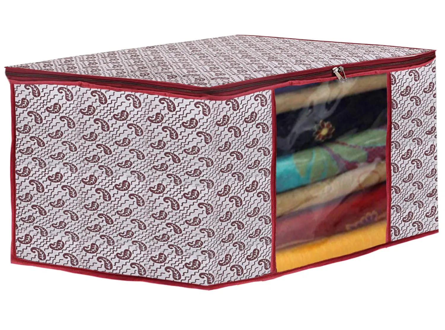 Kuber Industries Paisley Design Non-woven Foldable Saree Cover/Clothes Storage Bag/Wardrobe Organizer With Transparent Window- Pack of 3 (White)-44KM0345