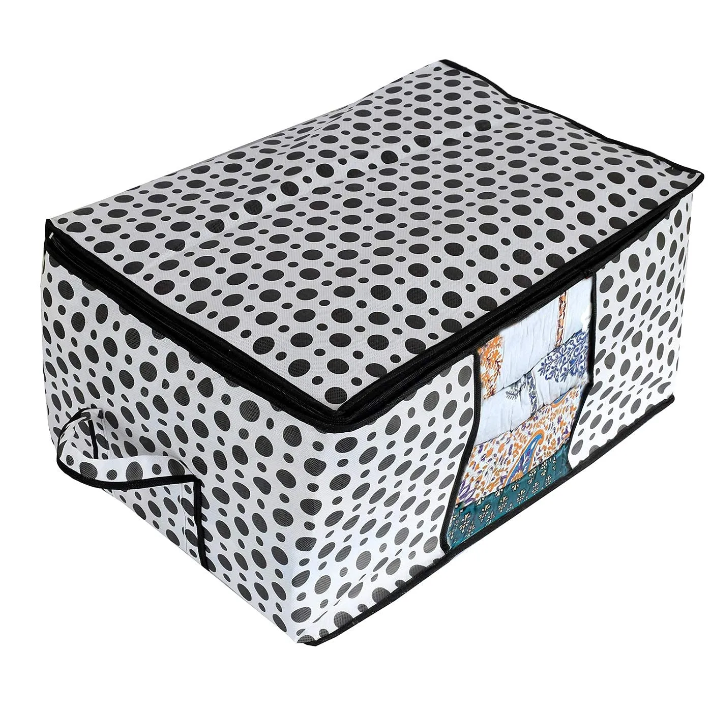 Kuber Industries Polka Dots Design Non Woven 2 Pieces Underbed Storage Bag, Cloth Organiser, Blanket Cover with Transparent Window (Black & White) -CTKTC038109