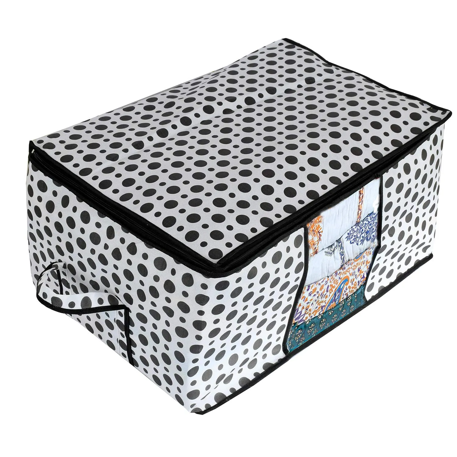 Kuber Industries Polka Dots Design Non Woven 6 Pieces Underbed Storage Bag, Cloth Organiser, Blanket Cover with Transparent Window (Black & White) -CTKTC038104