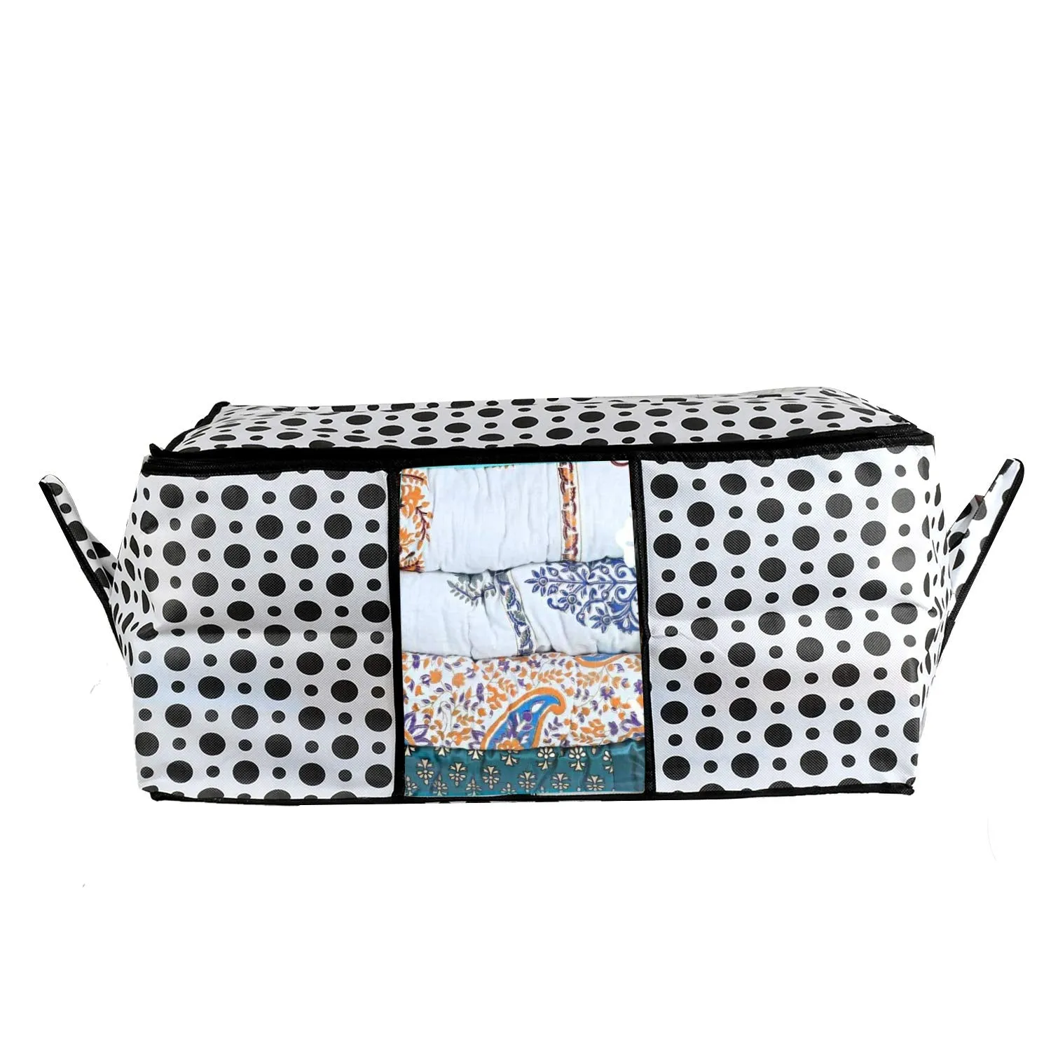 Kuber Industries Polka Dots Design Non Woven 6 Pieces Underbed Storage Bag, Cloth Organiser, Blanket Cover with Transparent Window (Black & White) -CTKTC038104