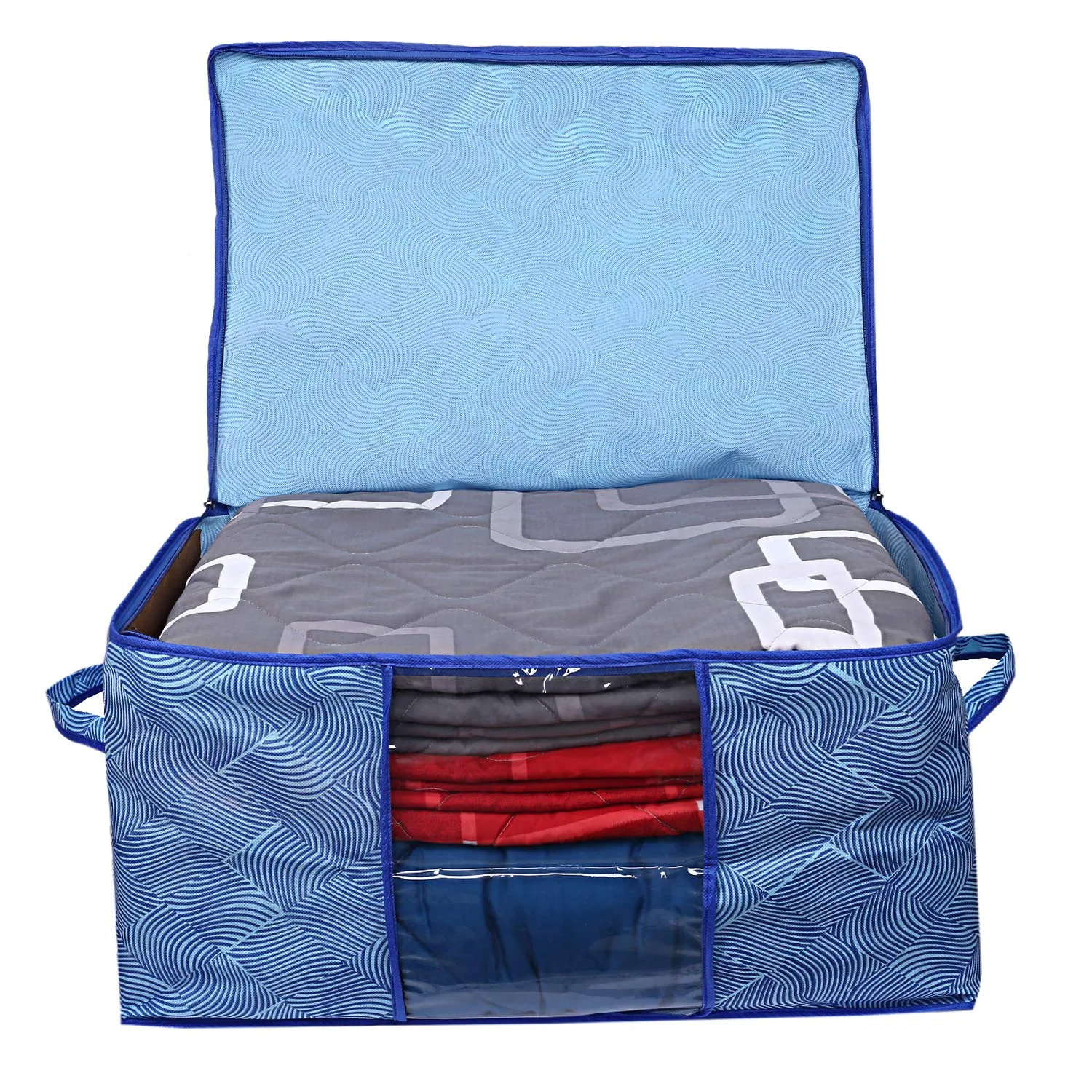 Kuber Industries Rectangular Leheriya Design Underbed Bag|Storage Organiser|Blanket Cover|Extra Large Size, Pack of 2 (Royal Blue, Non-Woven)