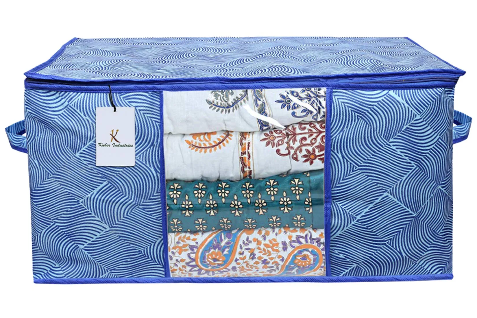 Kuber Industries Rectangular Leheriya Design Underbed Bag|Storage Organiser|Blanket Cover|Extra Large Size, Pack of 2 (Royal Blue, Non-Woven)