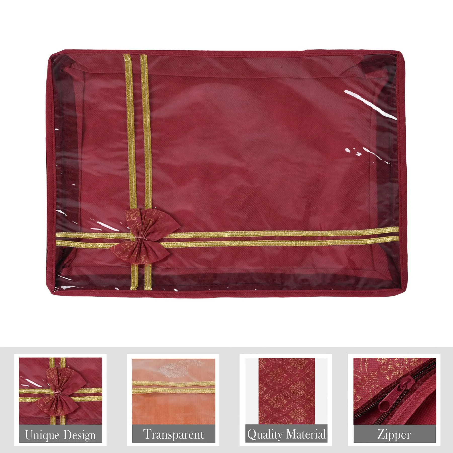 Kuber Industries Saree Storage Bag | Clothes Storage Bag | Wardrobe Storage Bag | Cloth Storage Organizer | Top Visible Window Saree Bag | Bow Golden Printed | 6 Inch | Pack of 3 | Maroon