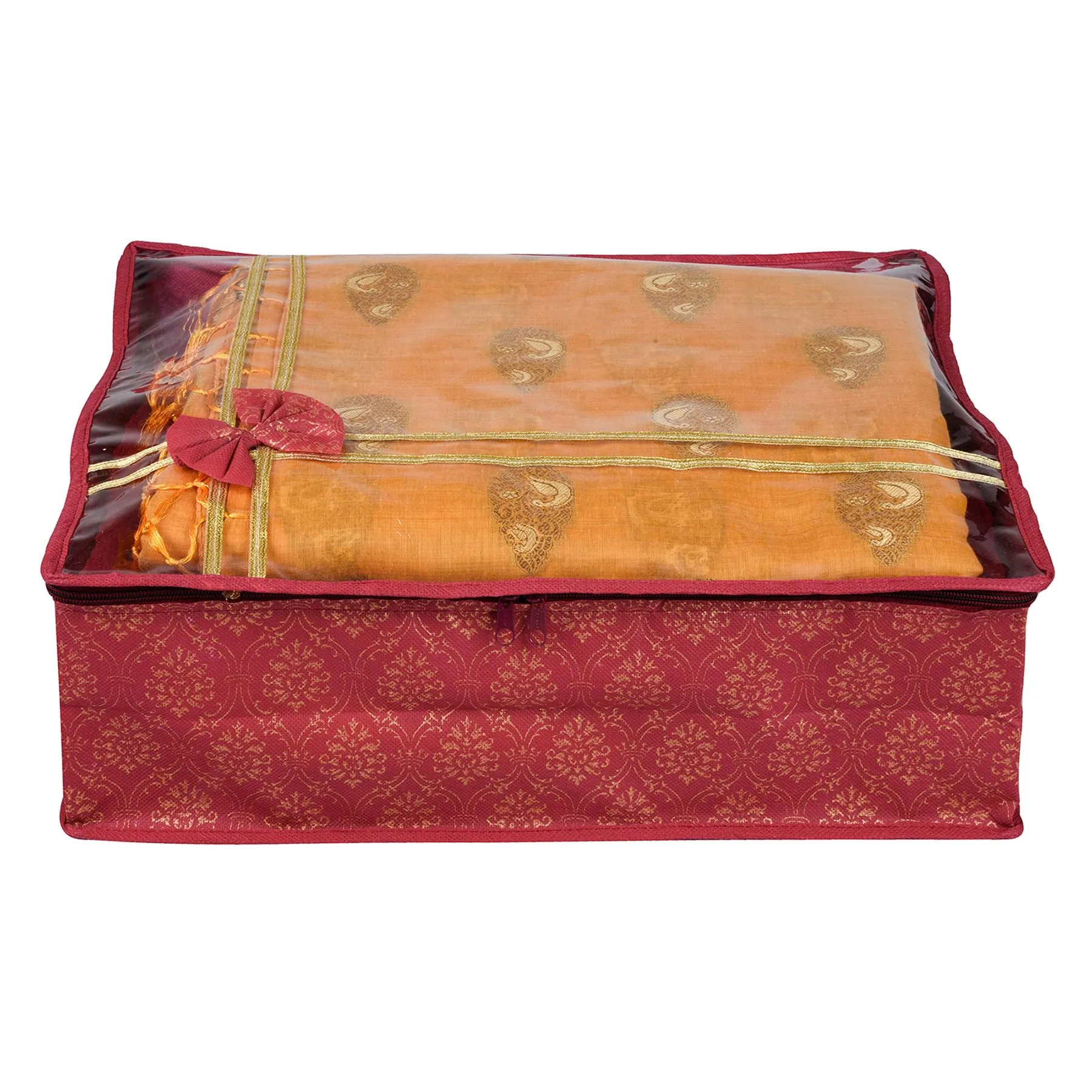 Kuber Industries Saree Storage Bag | Clothes Storage Bag | Wardrobe Storage Bag | Cloth Storage Organizer | Top Visible Window Saree Bag | Bow Golden Printed | 6 Inch | Pack of 3 | Maroon