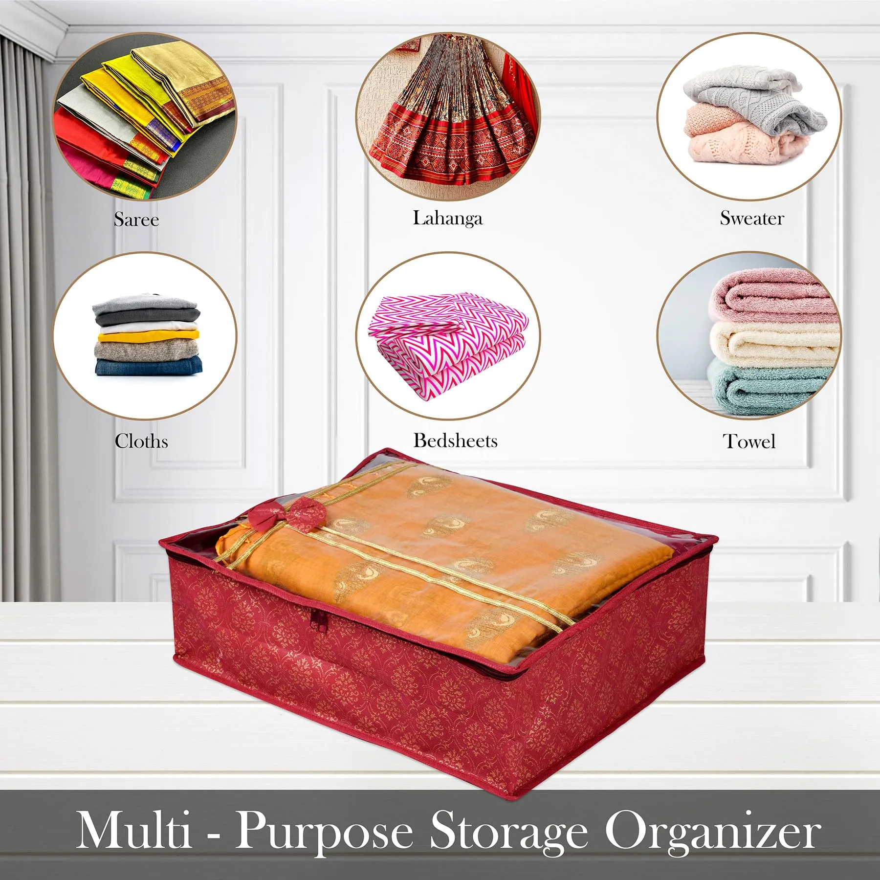 Kuber Industries Saree Storage Bag | Clothes Storage Bag | Wardrobe Storage Bag | Cloth Storage Organizer | Top Visible Window Saree Bag | Bow Golden Printed | 6 Inch | Pack of 3 | Maroon