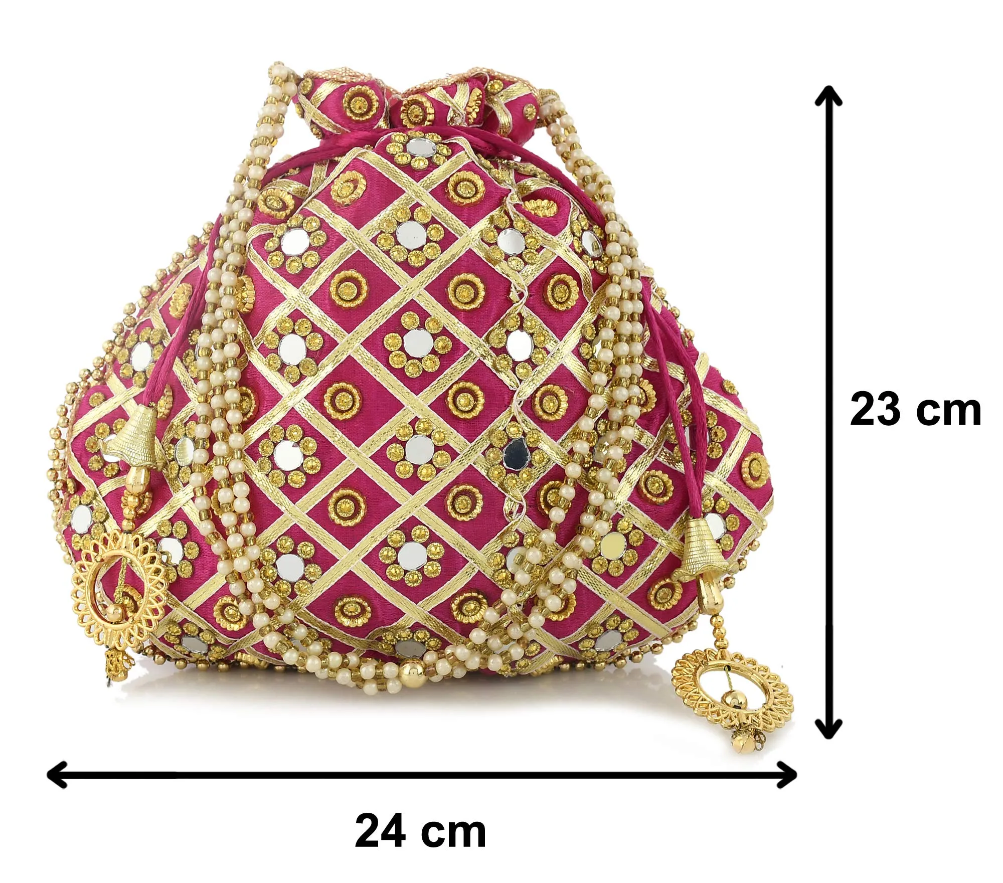 Kuber Industries Silk Traditional Mirror Work Clutch Potli Batwa Pouch Hand Bag for Bridal, Casual, Party, Wedding (Pink)-KUBMART11492, Standard