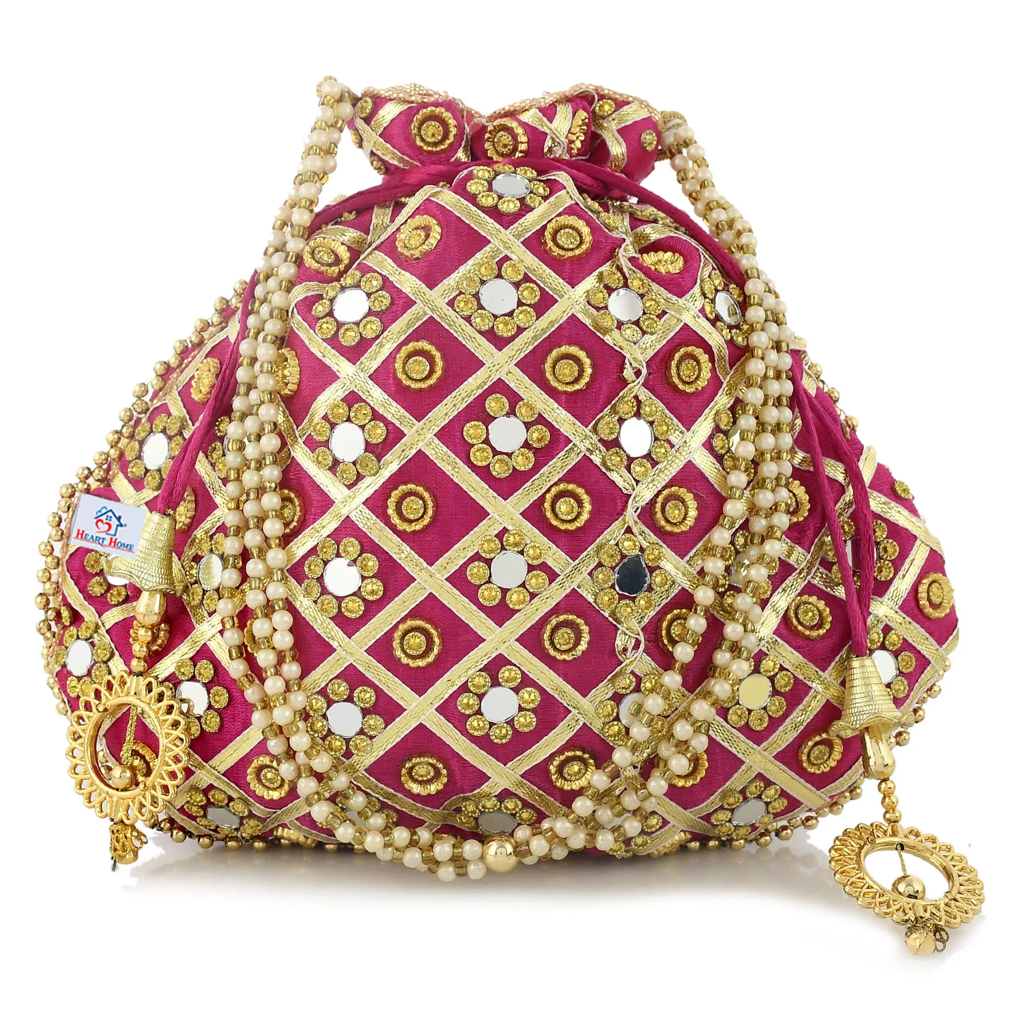 Kuber Industries Silk Traditional Mirror Work Clutch Potli Batwa Pouch Hand Bag for Bridal, Casual, Party, Wedding (Pink)-KUBMART11492, Standard