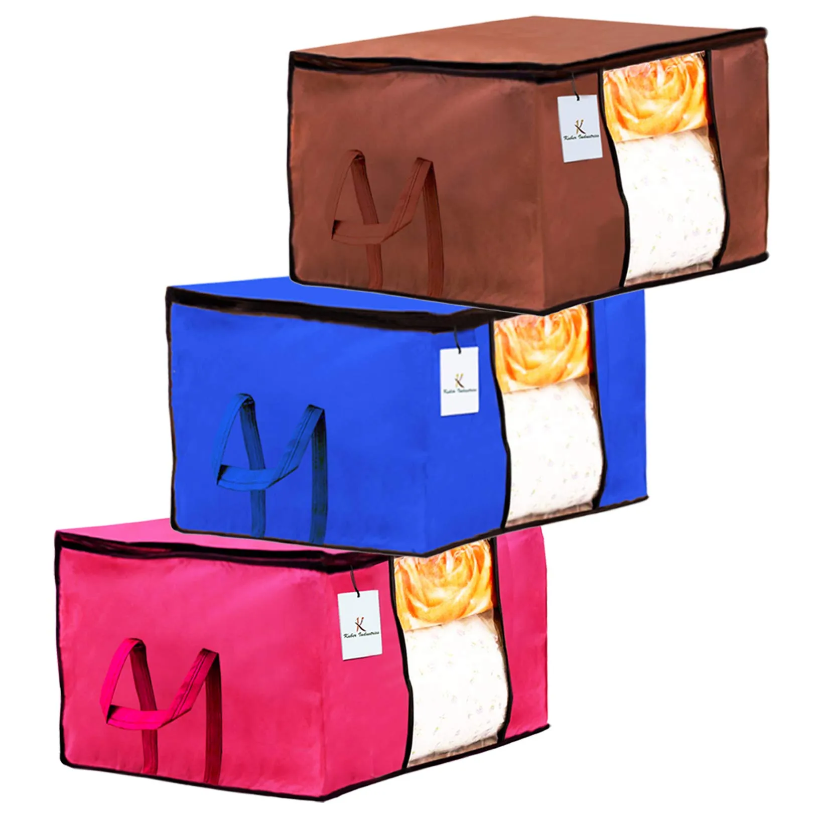 Kuber Industries Underbed Storage Bag, Storage Organiser, Blanket Cover Set of 3 - Pink,Royal Blue,Dark Brown Extra Large Size-CTKTC23839