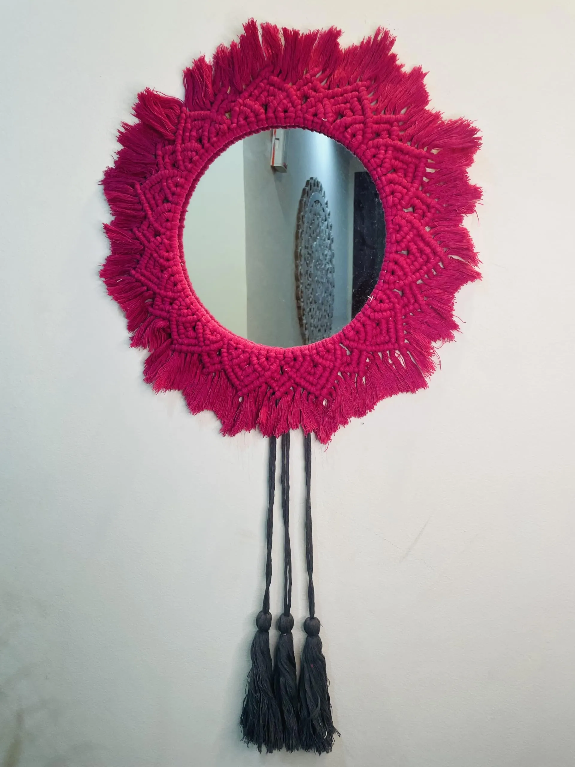 Kynox Macrame Wall Hanging Mirror, Handmade Make Up Aaina for Home Decoration, Gifts, Living Room, Bedroom Décor (Pink)