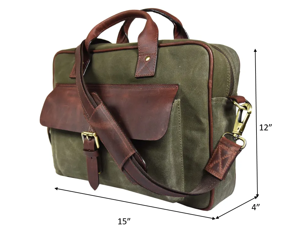 Leather 15" Canvas Briefcase Bag Seaweed Green (PB-154)