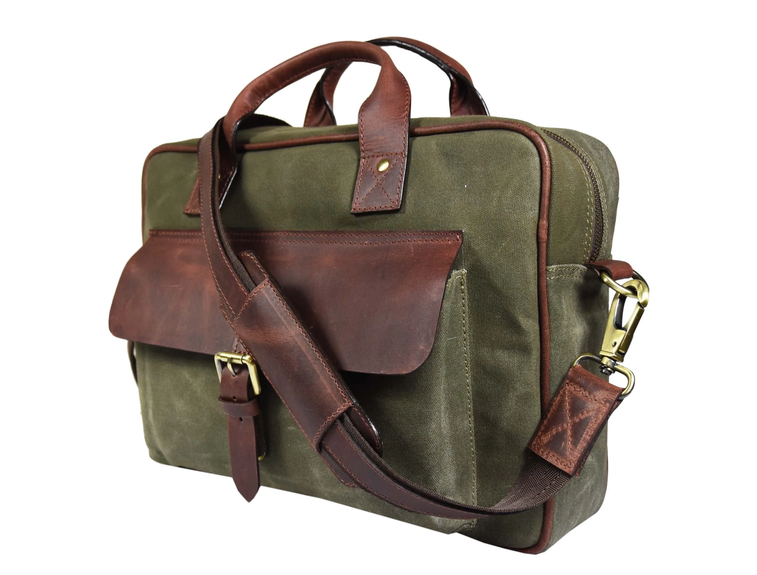 Leather 15" Canvas Briefcase Bag Seaweed Green (PB-154)