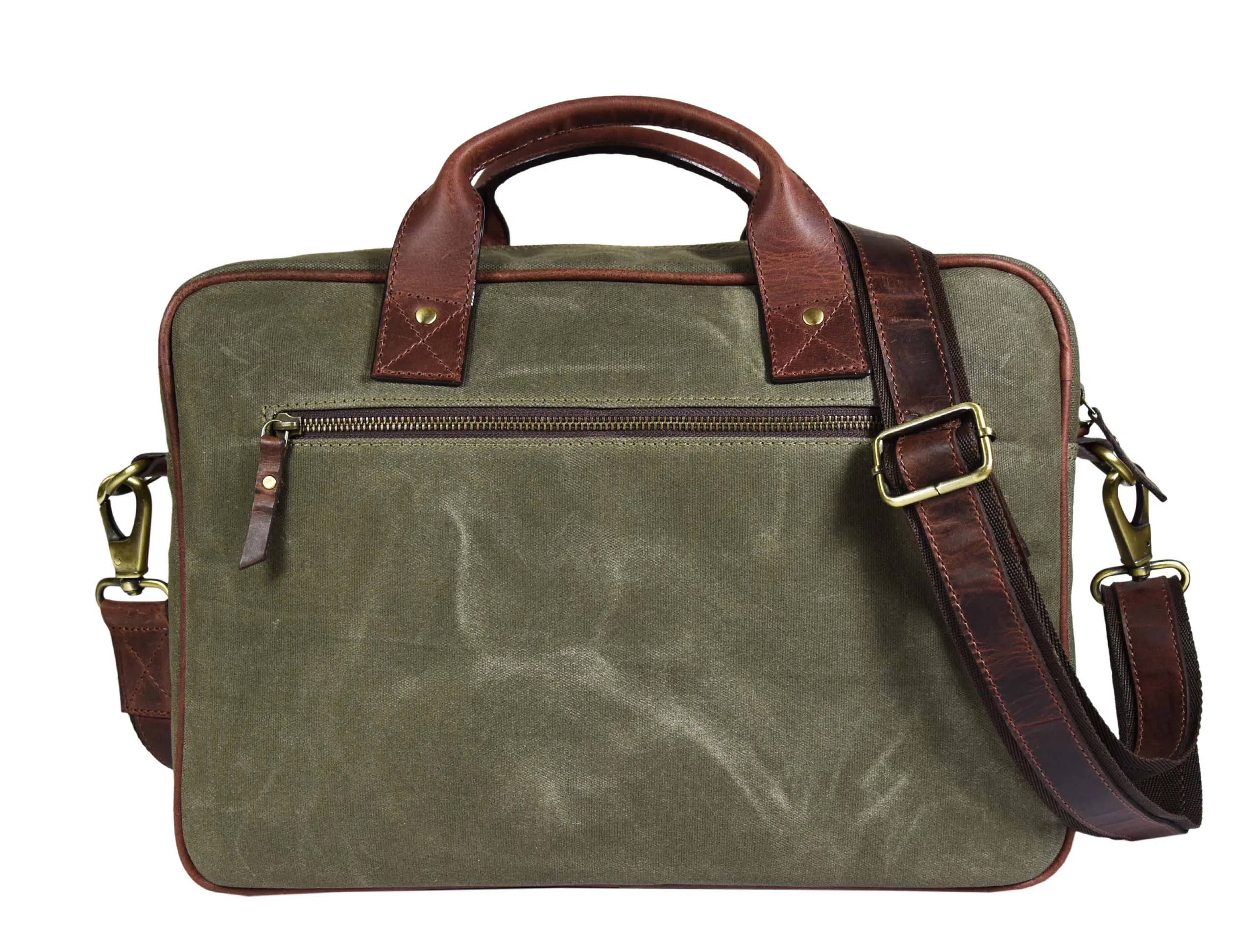 Leather 15" Canvas Briefcase Bag Seaweed Green (PB-154)