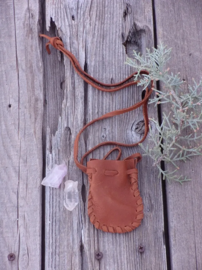 Leather medicine bag . Leather crystal bag , Necklace bag