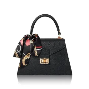 Leather Top Handle Mini Bag with Scarf Black