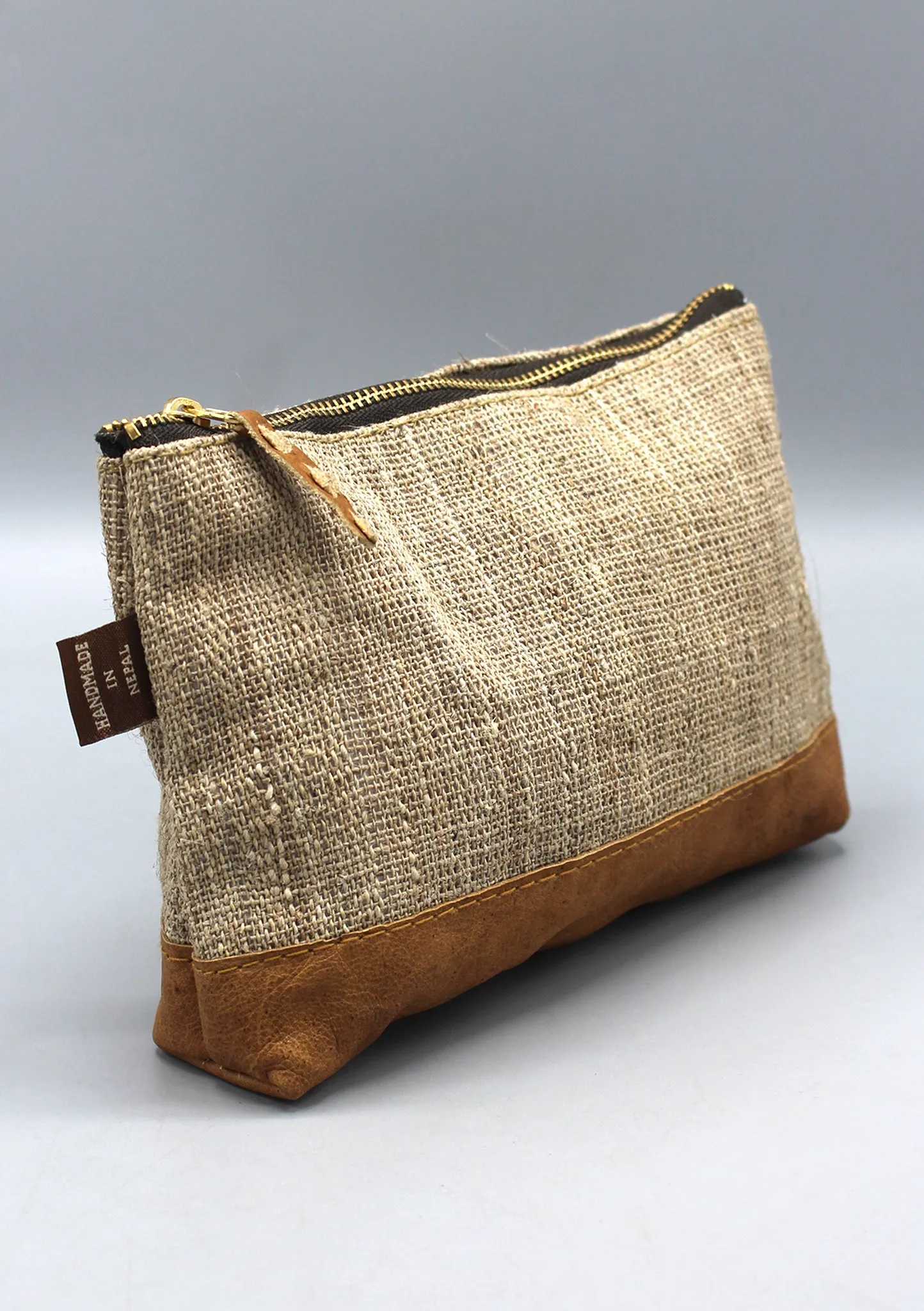 Leather Trim Hemp Money Zipper Clutch Bag