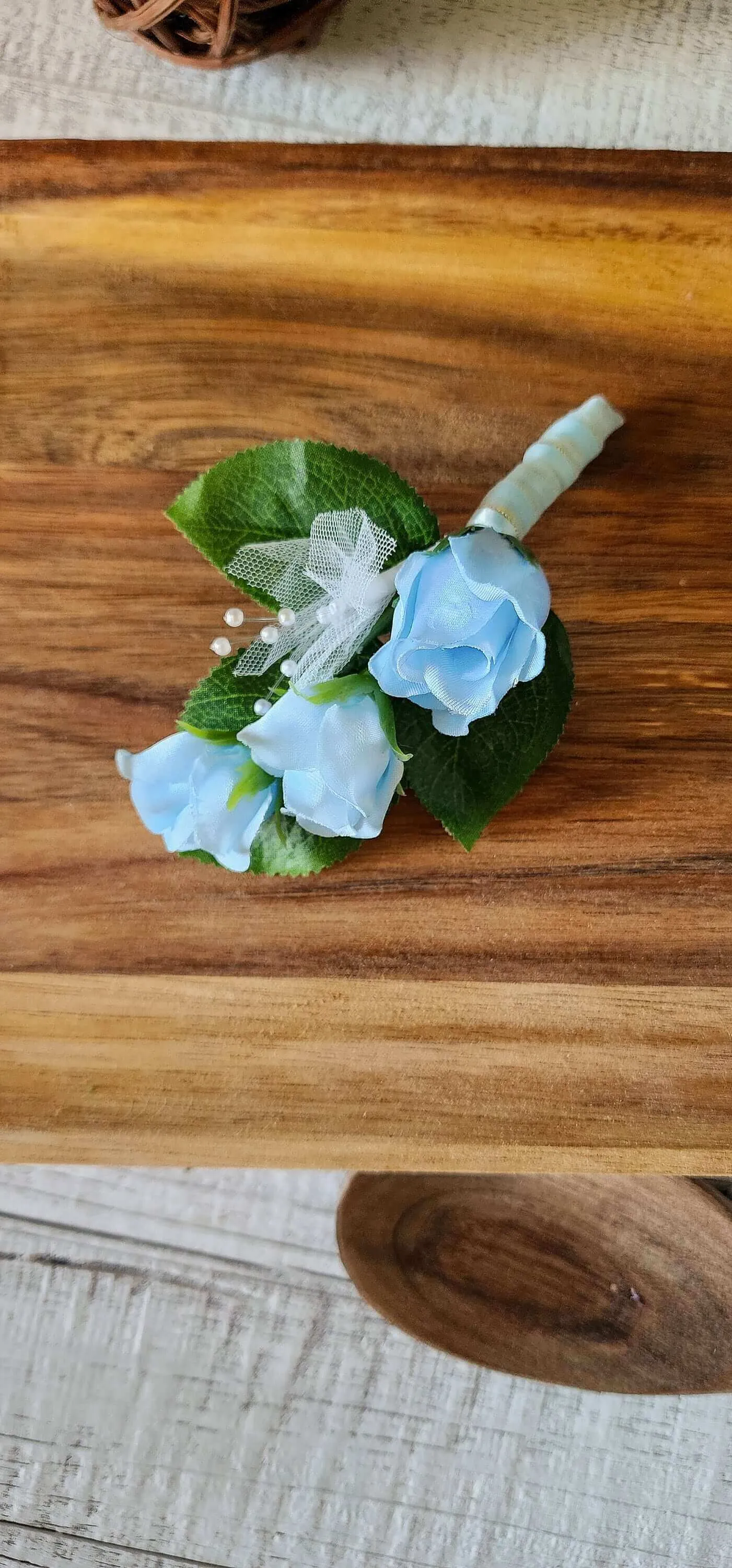 Light Blue Rose Corsage and Boutonniere Set for Prom, Weddings, Formal Occasions, Wrist Bracelet With Pearls, Pearl Accents