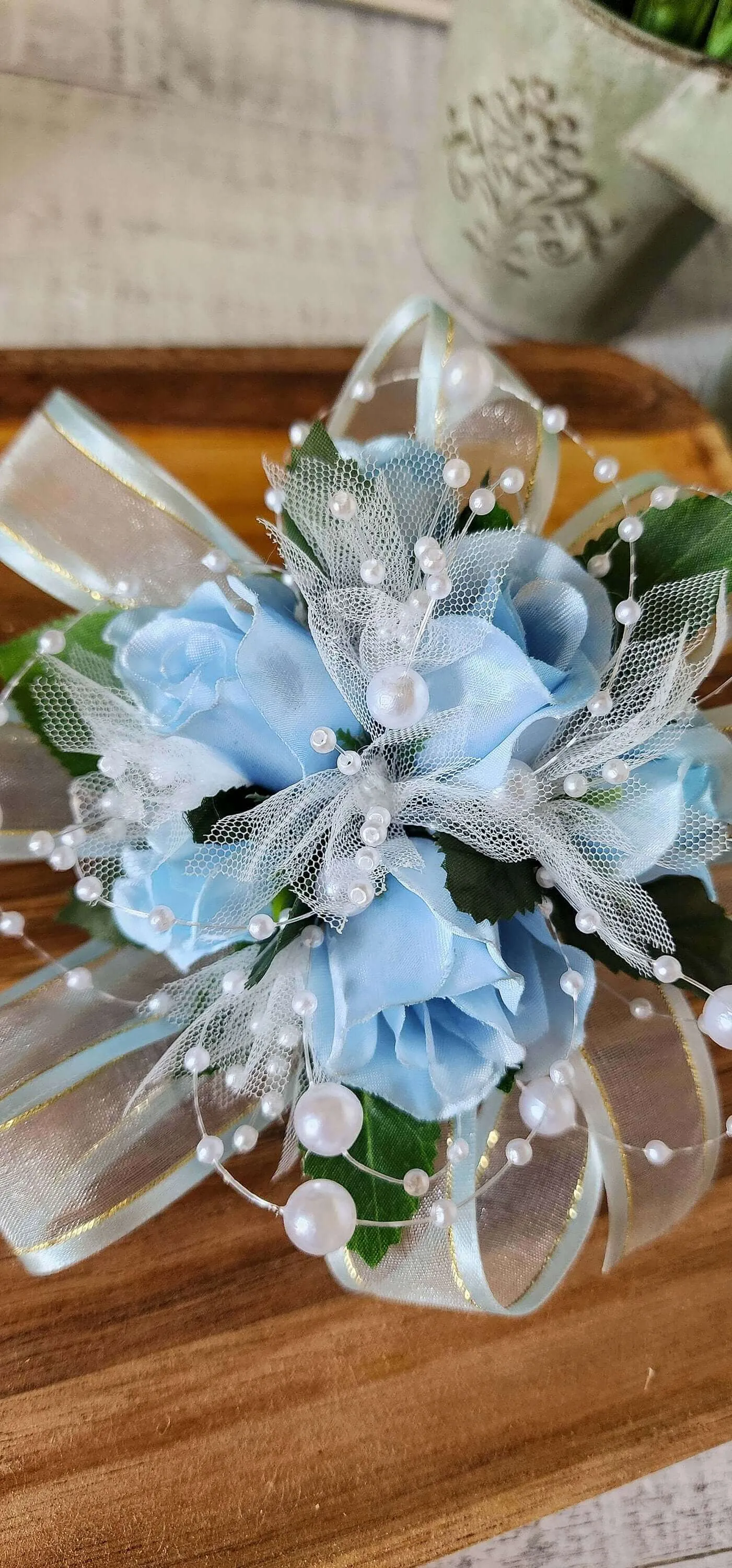 Light Blue Rose Corsage and Boutonniere Set for Prom, Weddings, Formal Occasions, Wrist Bracelet With Pearls, Pearl Accents