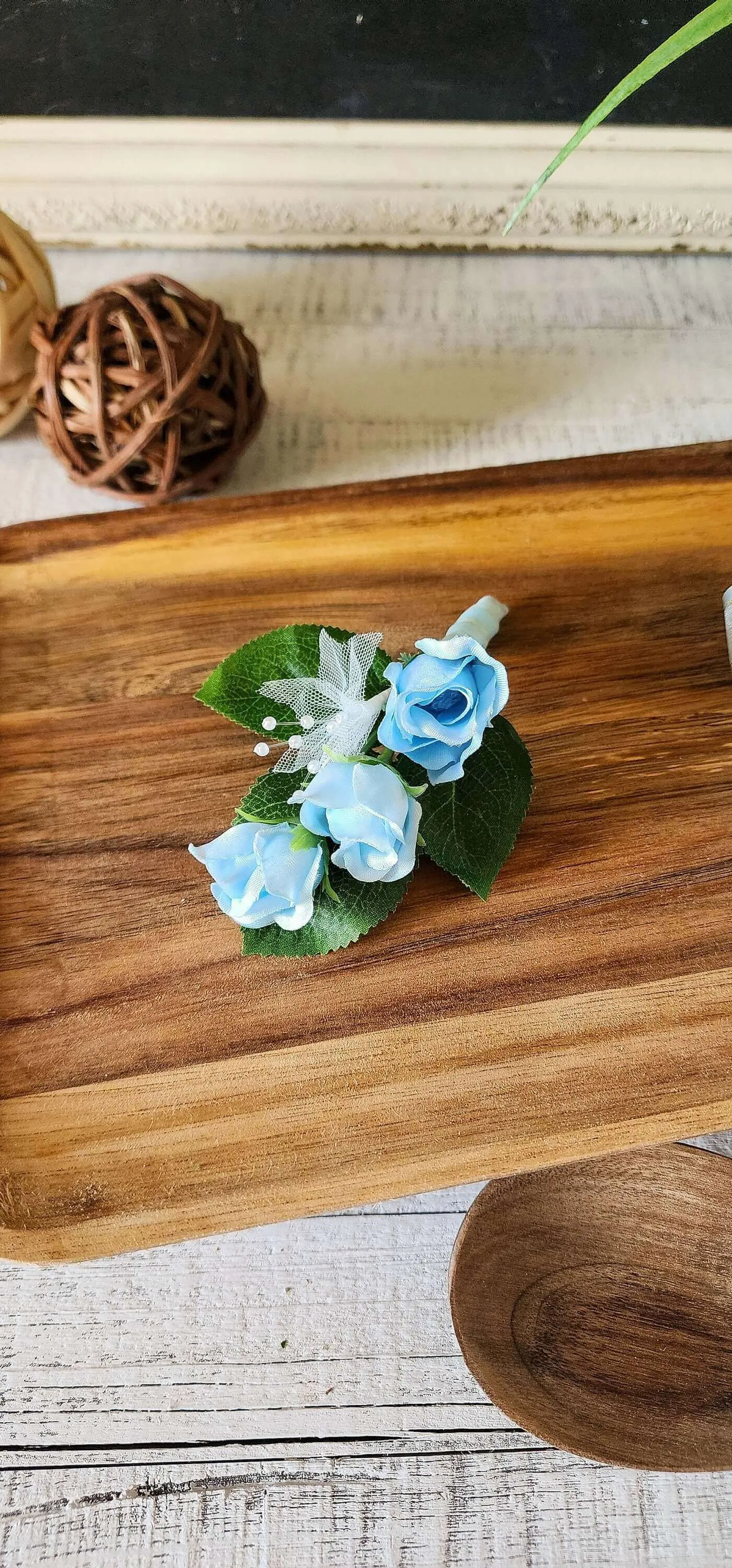 Light Blue Rose Corsage and Boutonniere Set for Prom, Weddings, Formal Occasions, Wrist Bracelet With Pearls, Pearl Accents