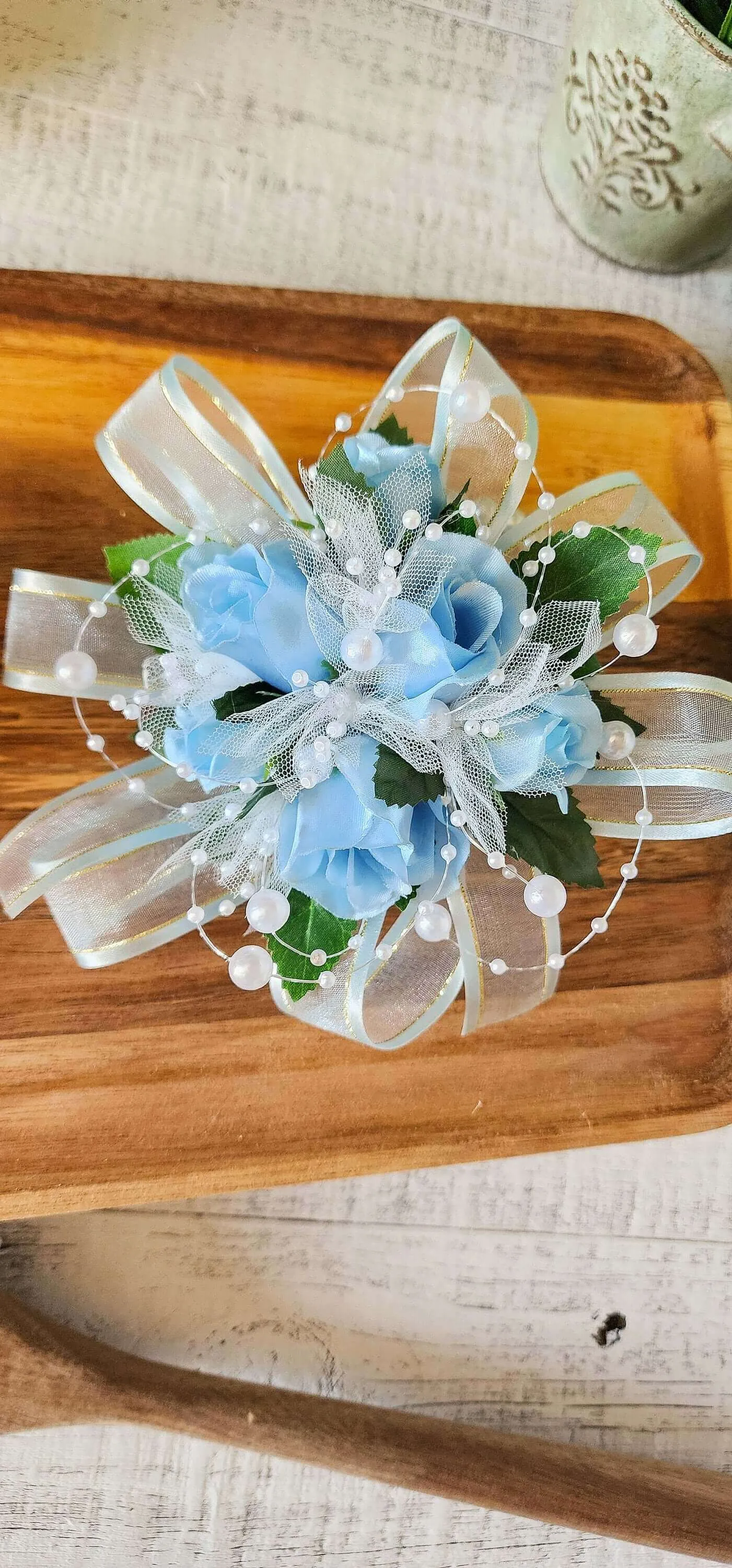 Light Blue Rose Corsage and Boutonniere Set for Prom, Weddings, Formal Occasions, Wrist Bracelet With Pearls, Pearl Accents