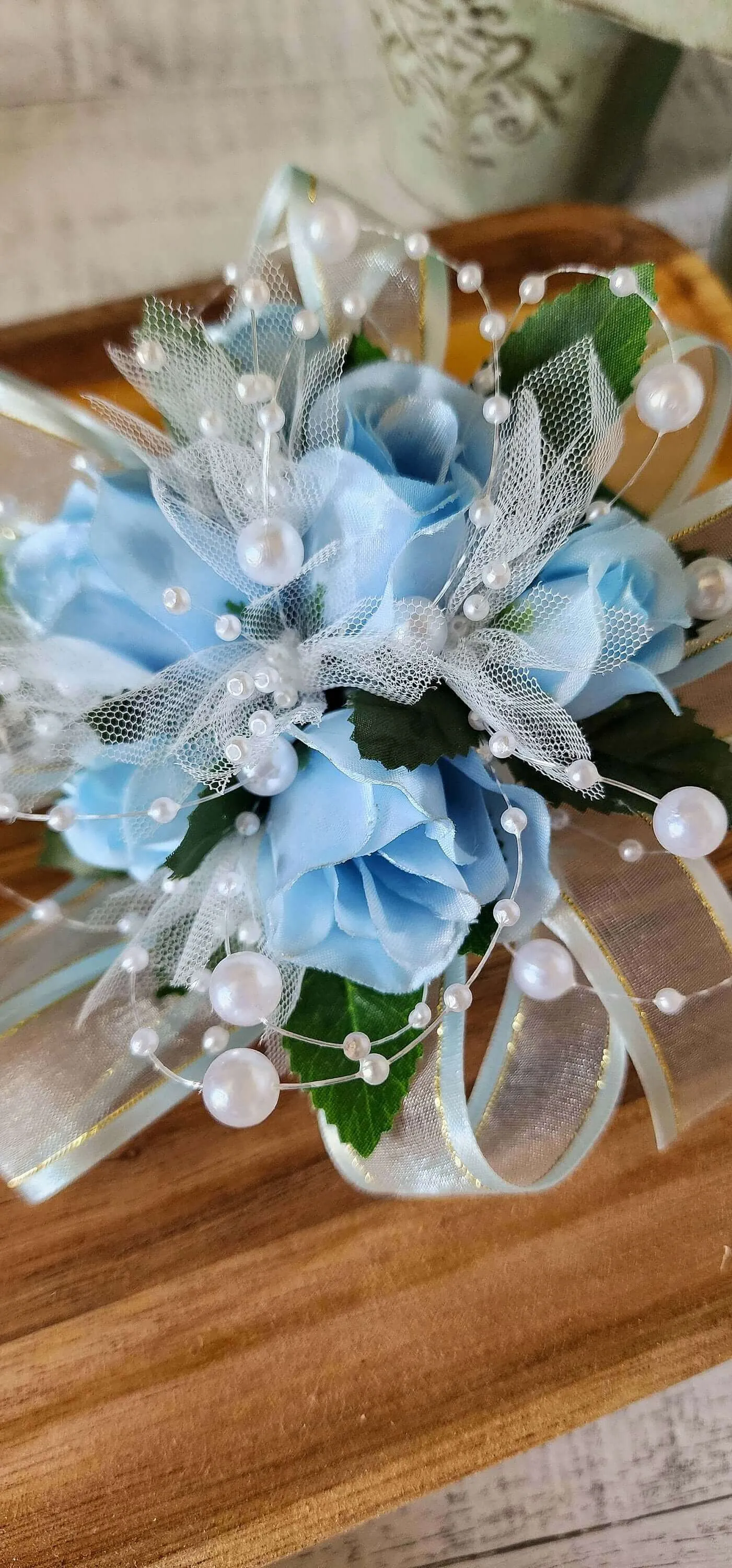 Light Blue Rose Corsage and Boutonniere Set for Prom, Weddings, Formal Occasions, Wrist Bracelet With Pearls, Pearl Accents