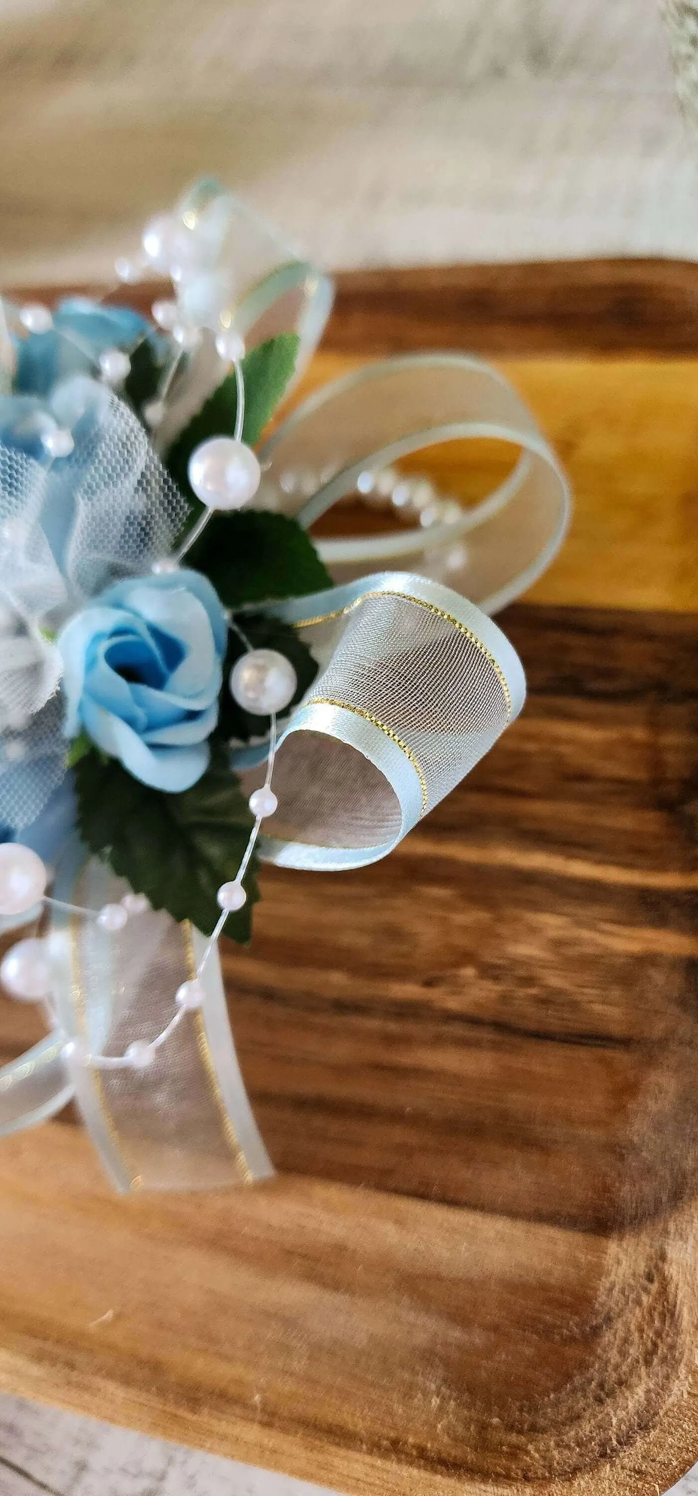 Light Blue Rose Corsage and Boutonniere Set for Prom, Weddings, Formal Occasions, Wrist Bracelet With Pearls, Pearl Accents