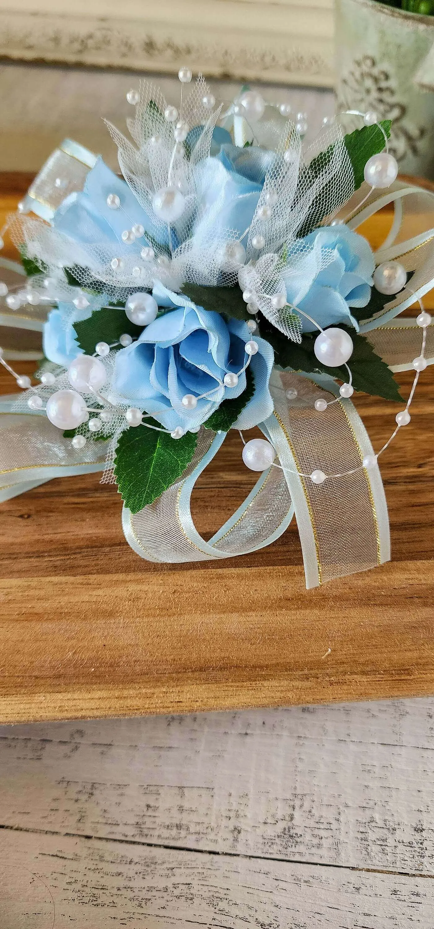 Light Blue Rose Corsage and Boutonniere Set for Prom, Weddings, Formal Occasions, Wrist Bracelet With Pearls, Pearl Accents