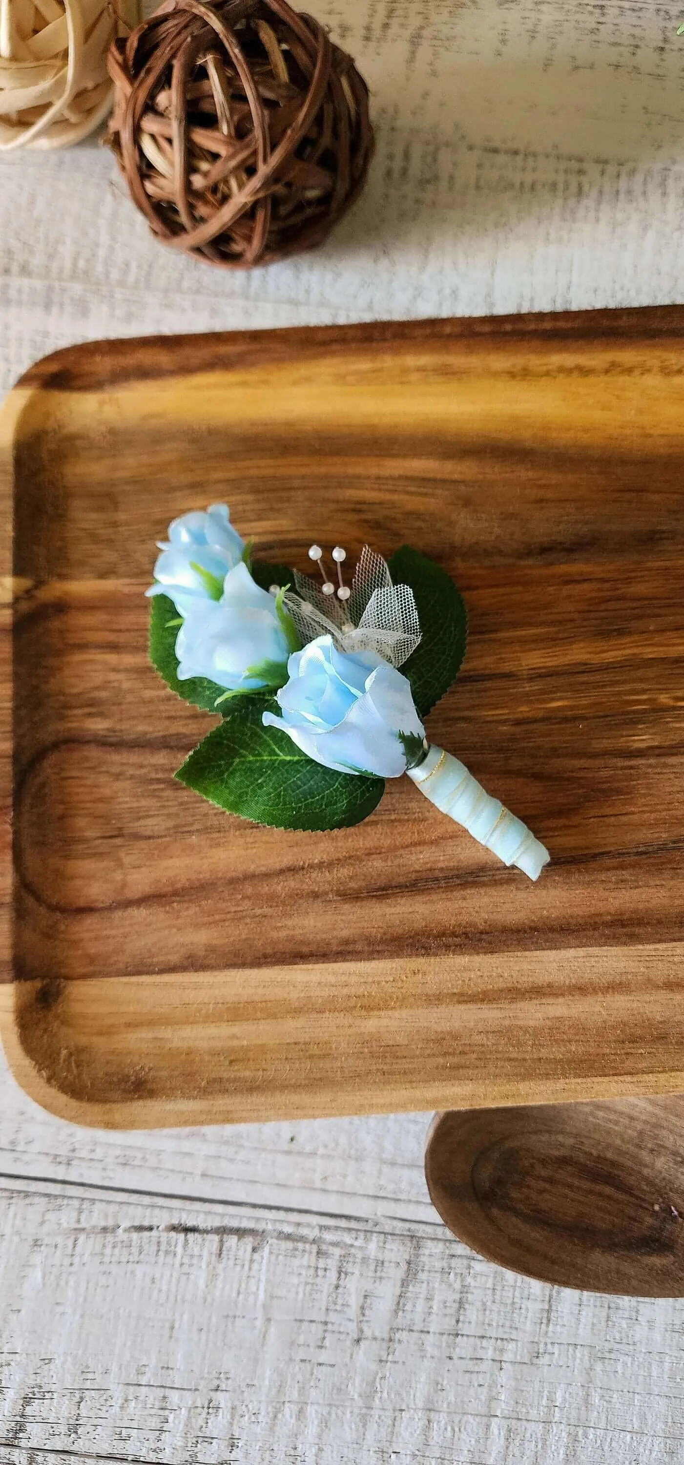 Light Blue Rose Corsage and Boutonniere Set for Prom, Weddings, Formal Occasions, Wrist Bracelet With Pearls, Pearl Accents