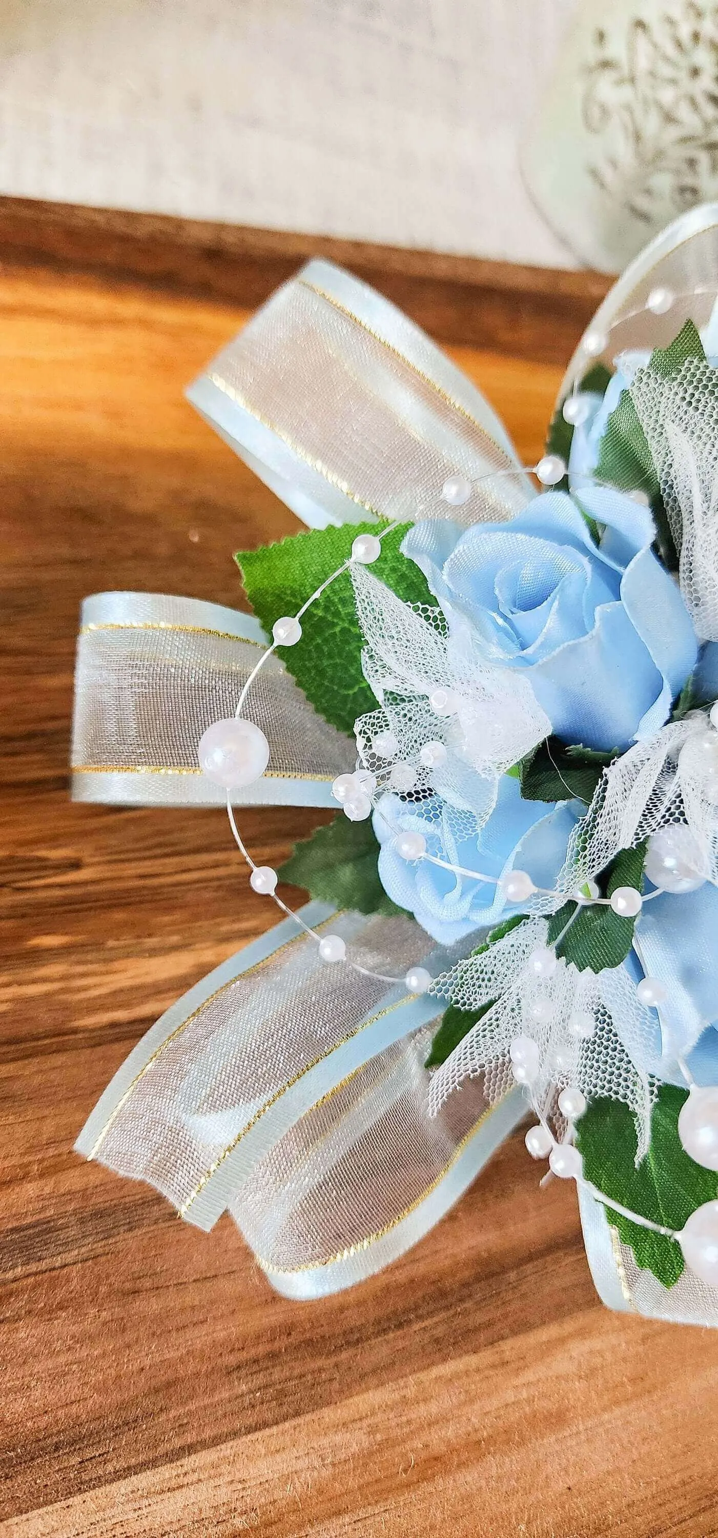 Light Blue Rose Corsage and Boutonniere Set for Prom, Weddings, Formal Occasions, Wrist Bracelet With Pearls, Pearl Accents