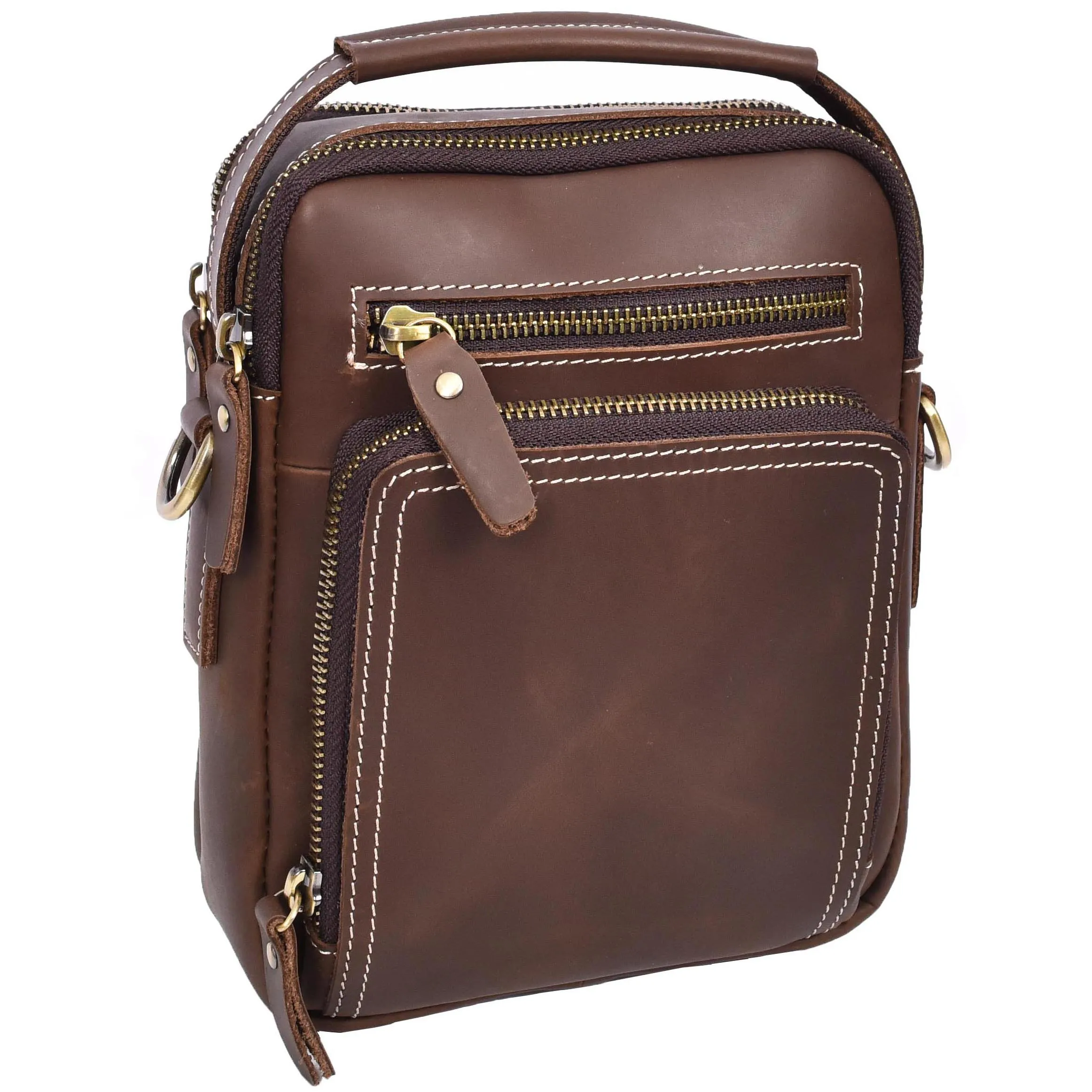 Mens Leather Messenger Bag Travel Crossbody Satchel Side Bag AD601 Brown Hunter