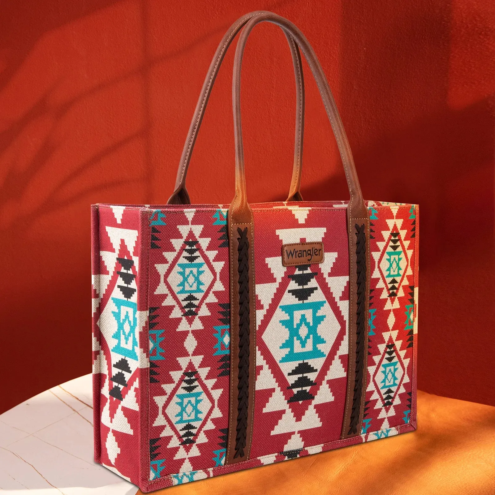 Montana West Wrangler Southwestern Pattern Dual Sided Print Canvas Wide Tote Burgundy