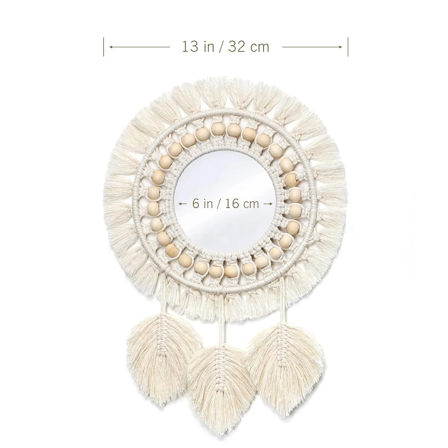 MOS HANDICRAFT Hanging Wall Mirror with Macrame Fringe Round Decoration Boho Antique Mirror with Wood Beads Feather Pendantfor Apartment Living Room Bedroom Baby Nursery. (Off - White)