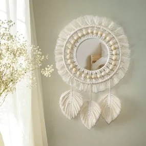 MOS HANDICRAFT Hanging Wall Mirror with Macrame Fringe Round Decoration Boho Antique Mirror with Wood Beads Feather Pendantfor Apartment Living Room Bedroom Baby Nursery. (Off - White)