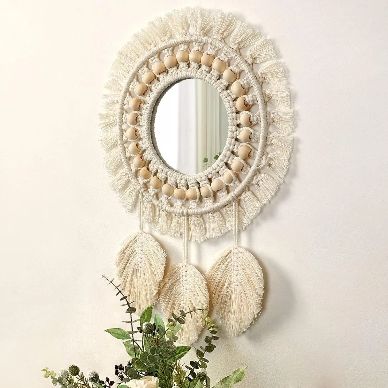 MOS HANDICRAFT Hanging Wall Mirror with Macrame Fringe Round Decoration Boho Antique Mirror with Wood Beads Feather Pendantfor Apartment Living Room Bedroom Baby Nursery. (Off - White)