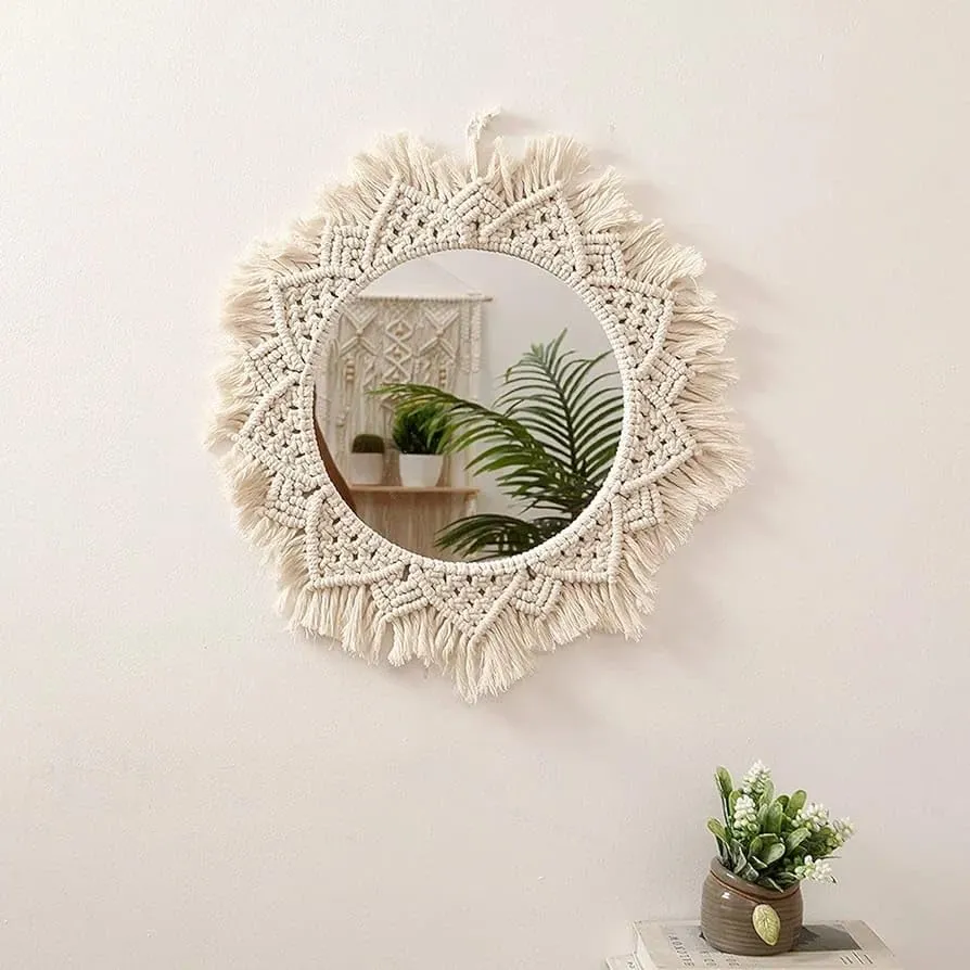 MOS HANDICRAFT Home Decor Macrame Hanging Wall Mirror with Macrame Round Mirror Art Boho Decor. Macrame Decorative Feather Home Decoration. Macrame Hanging (Desgin_1)