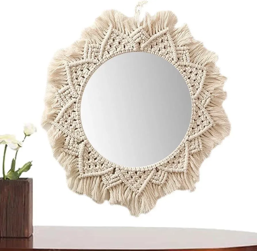 MOS HANDICRAFT Home Decor Macrame Hanging Wall Mirror with Macrame Round Mirror Art Boho Decor. Macrame Decorative Feather Home Decoration. Macrame Hanging (Desgin_1)