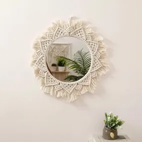 MOS HANDICRAFT Home Decor Macrame Hanging Wall Mirror with Macrame Round Mirror Art Boho Decor. Macrame Decorative Feather Home Decoration. Macrame Hanging (Desgin_1)