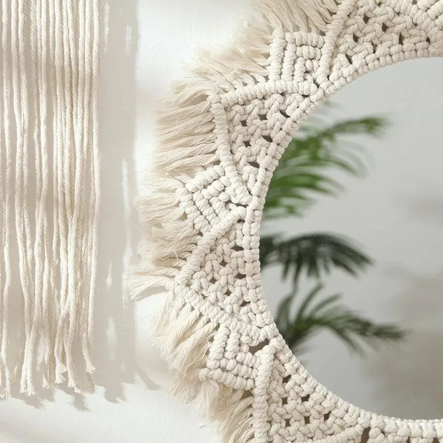 MOS HANDICRAFT Home Decor Macrame Hanging Wall Mirror with Macrame Round Mirror Art Boho Decor. Macrame Decorative Feather Home Decoration. Macrame Hanging (Desgin_1)