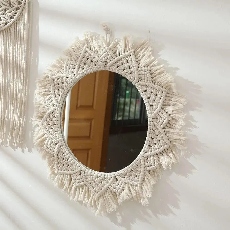 MOS HANDICRAFT Home Decor Macrame Hanging Wall Mirror with Macrame Round Mirror Art Boho Decor. Macrame Decorative Feather Home Decoration. Macrame Hanging (Desgin_1)