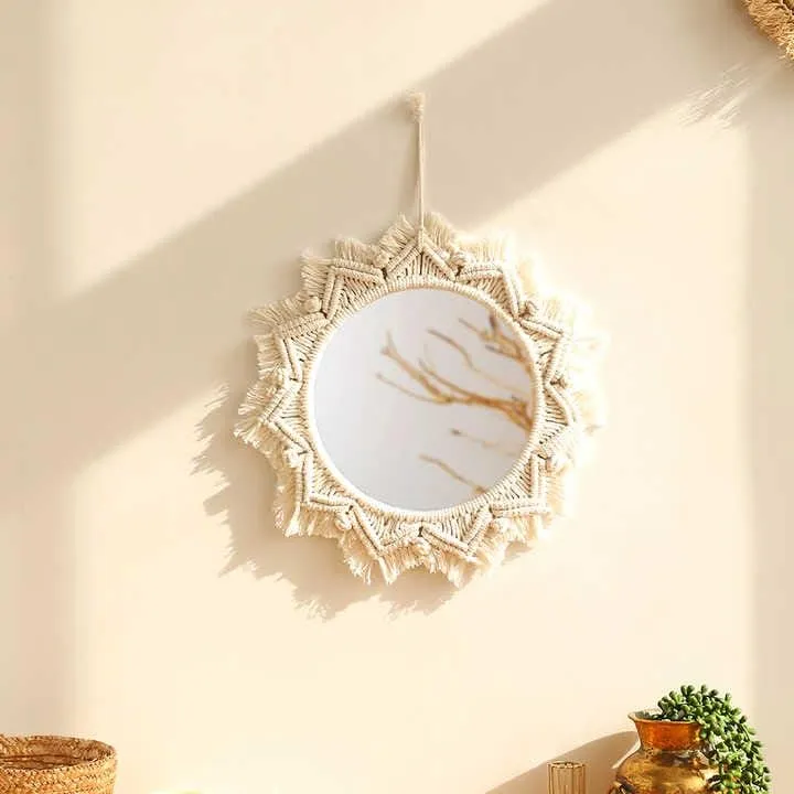 MOS HANDICRAFT Home Decor Macrame Hanging Wall Mirror with Macrame Round Mirror Art Boho Decor. Macrame Decorative Feather Home Decoration. Macrame Hanging (Desgin_1)