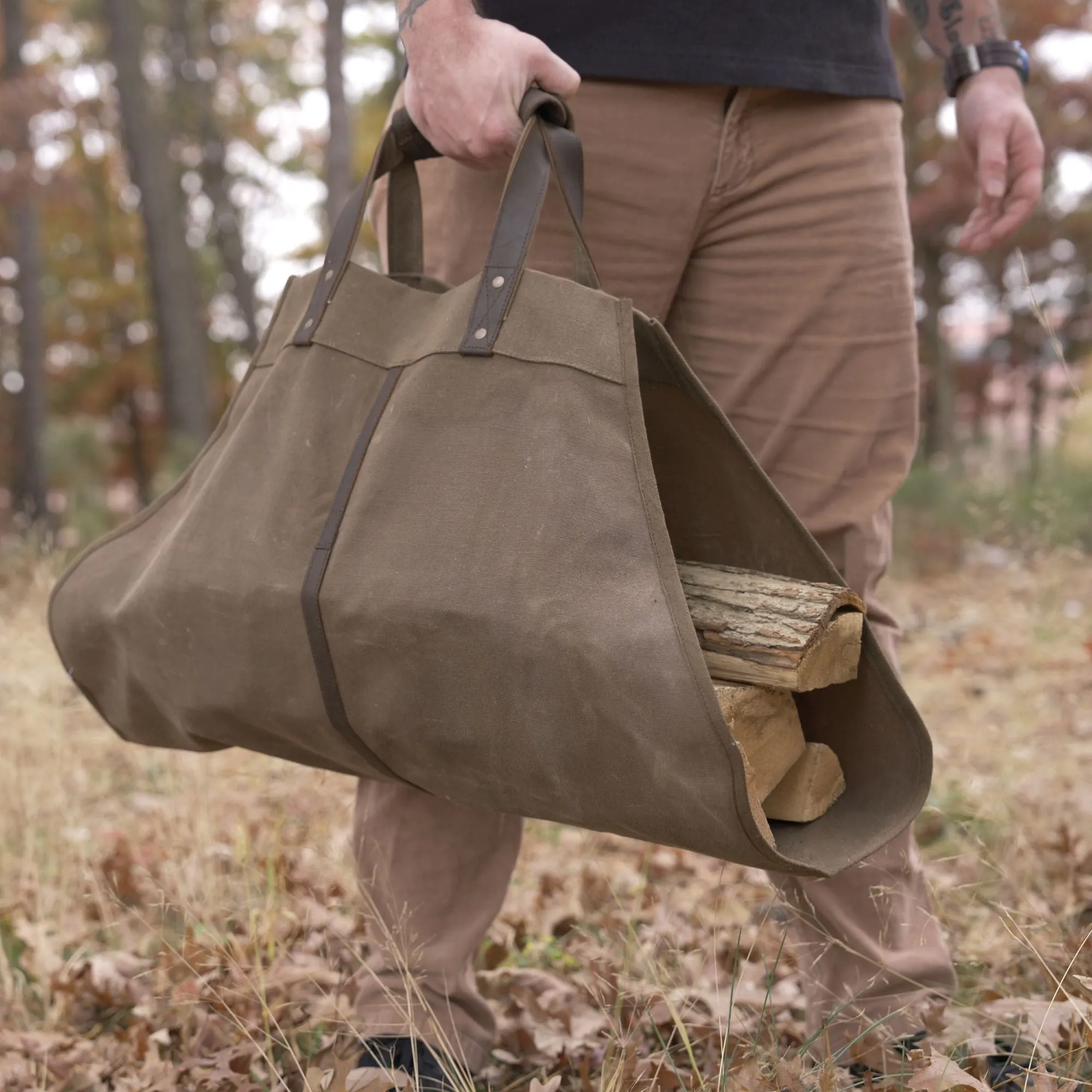 Olive Drab - Wax Canvas Log Carrier – Indoor/Outdoor Firewood Bag – Great for Campfires and Fireplaces