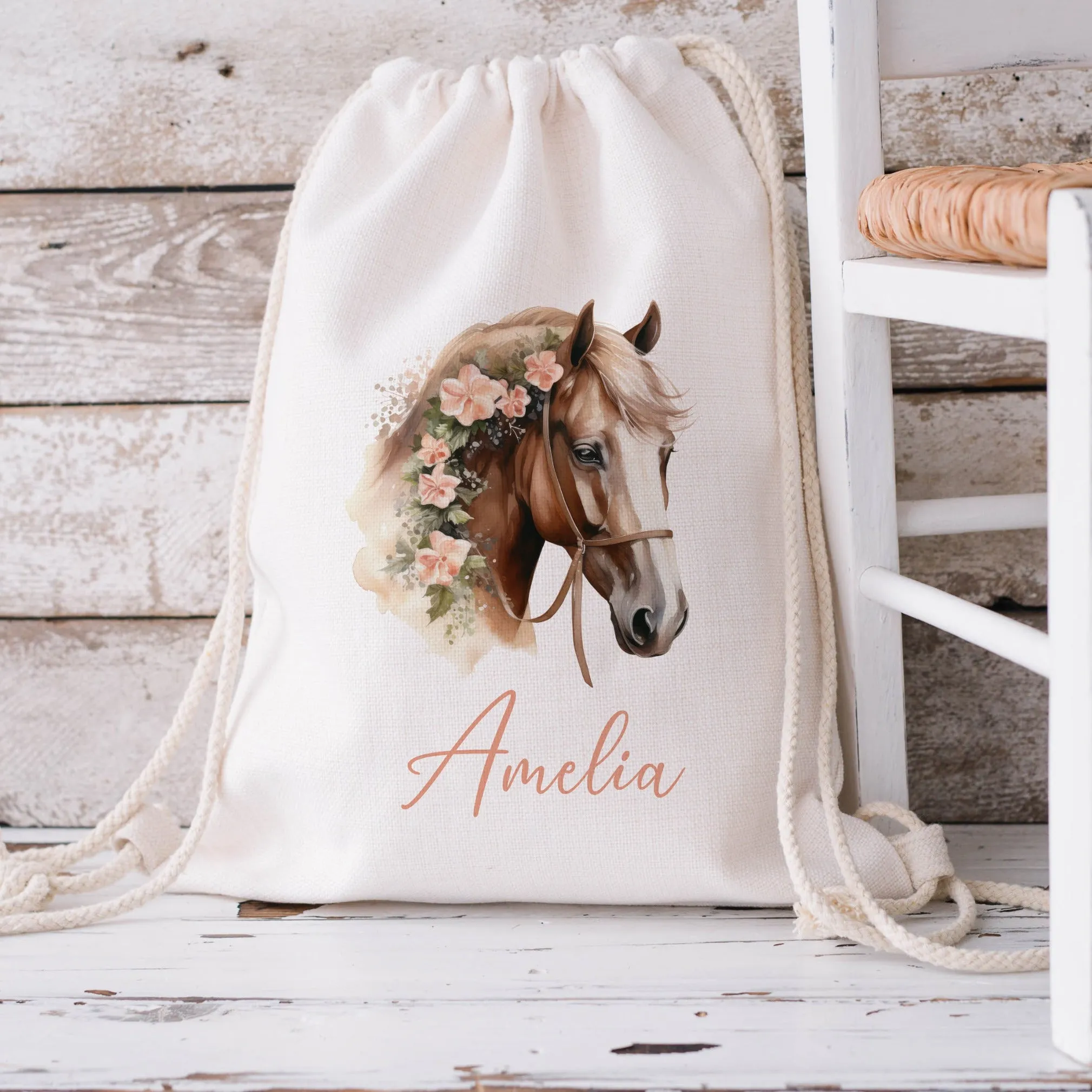 Personalised Brown Horse Drawstring Bag