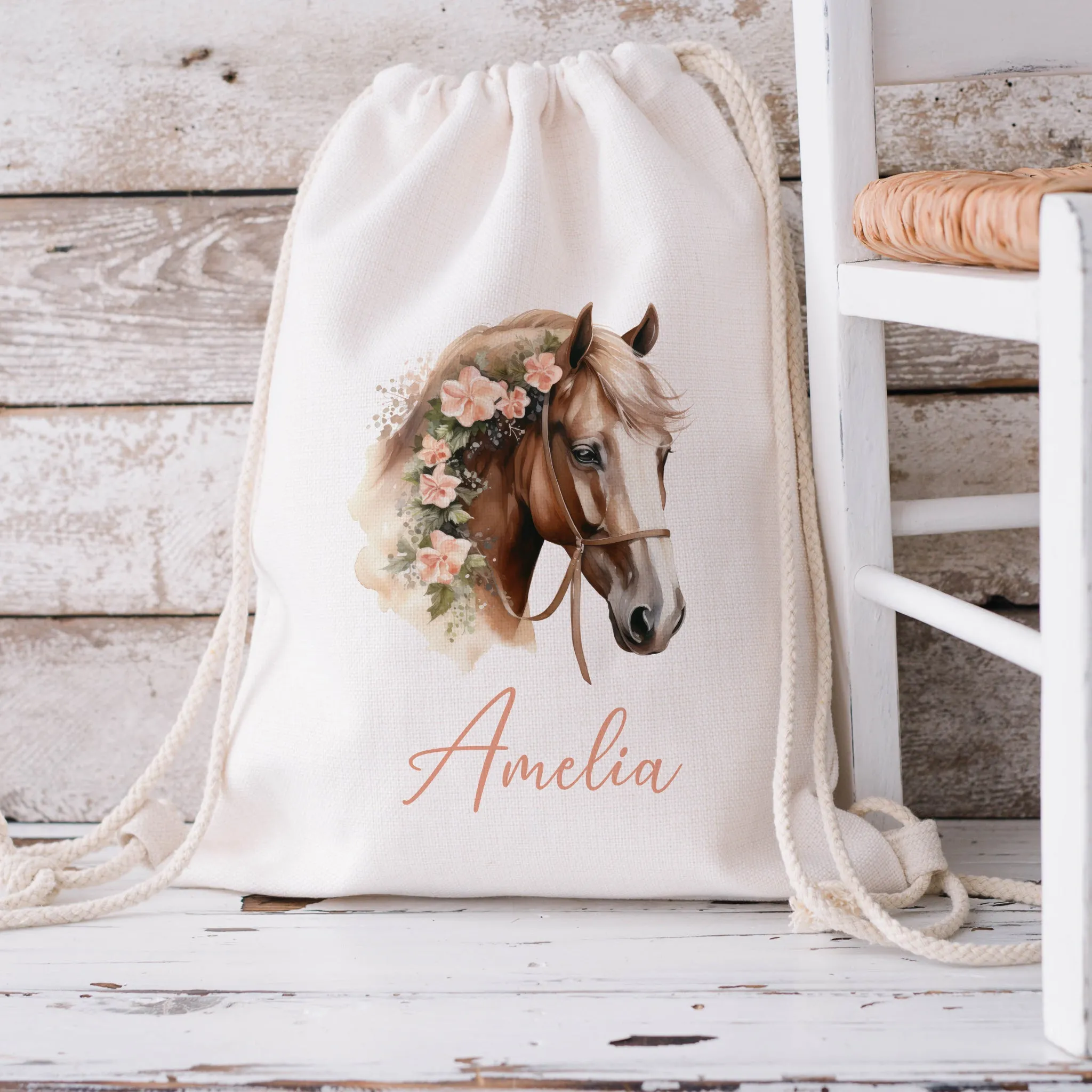 Personalised Brown Horse Drawstring Bag