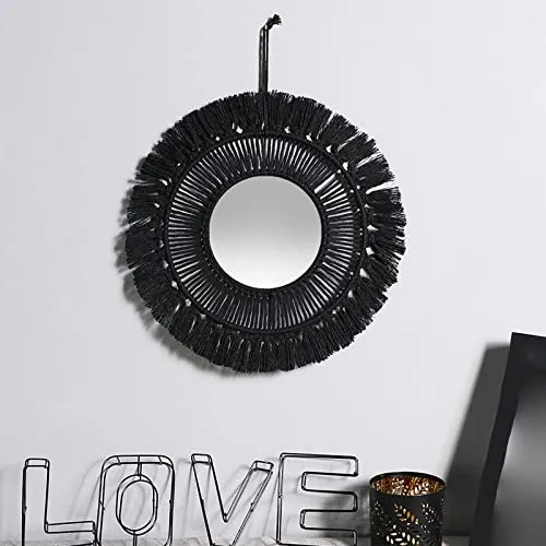 Pinakine® Round Mirror Boho Macrame Fringe Hanging Wall Mirror Decor Tassel 24cm