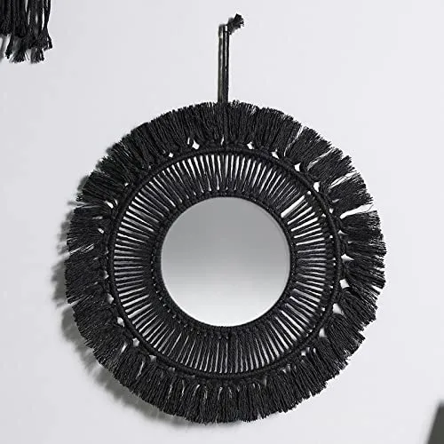 Pinakine® Round Mirror Boho Macrame Fringe Hanging Wall Mirror Decor Tassel 24cm