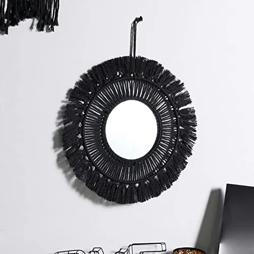 Pinakine® Round Mirror Boho Macrame Fringe Hanging Wall Mirror Decor Tassel 24cm