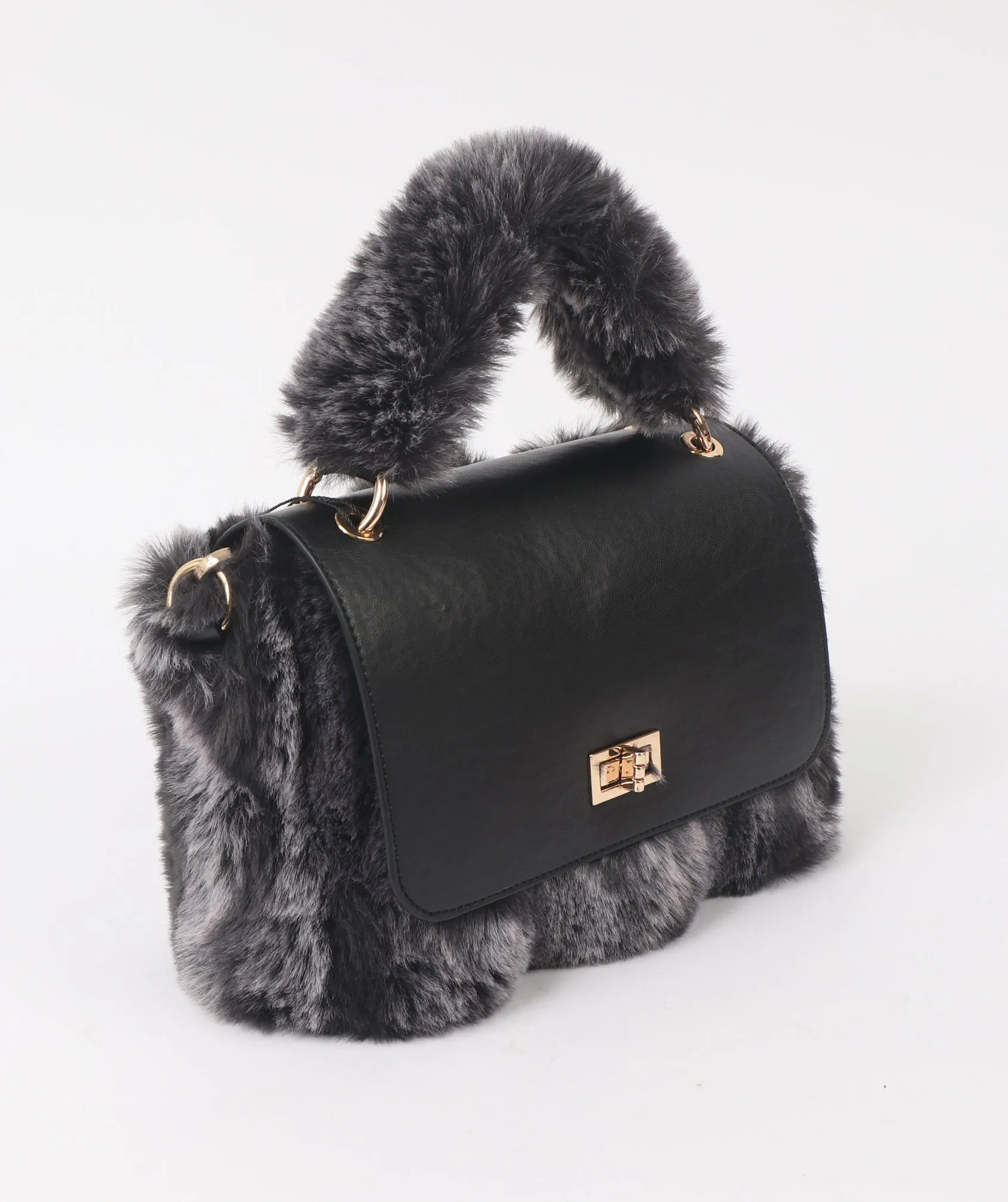 Plush Black and Grey Ombre Faux Fur Crossbody Bag