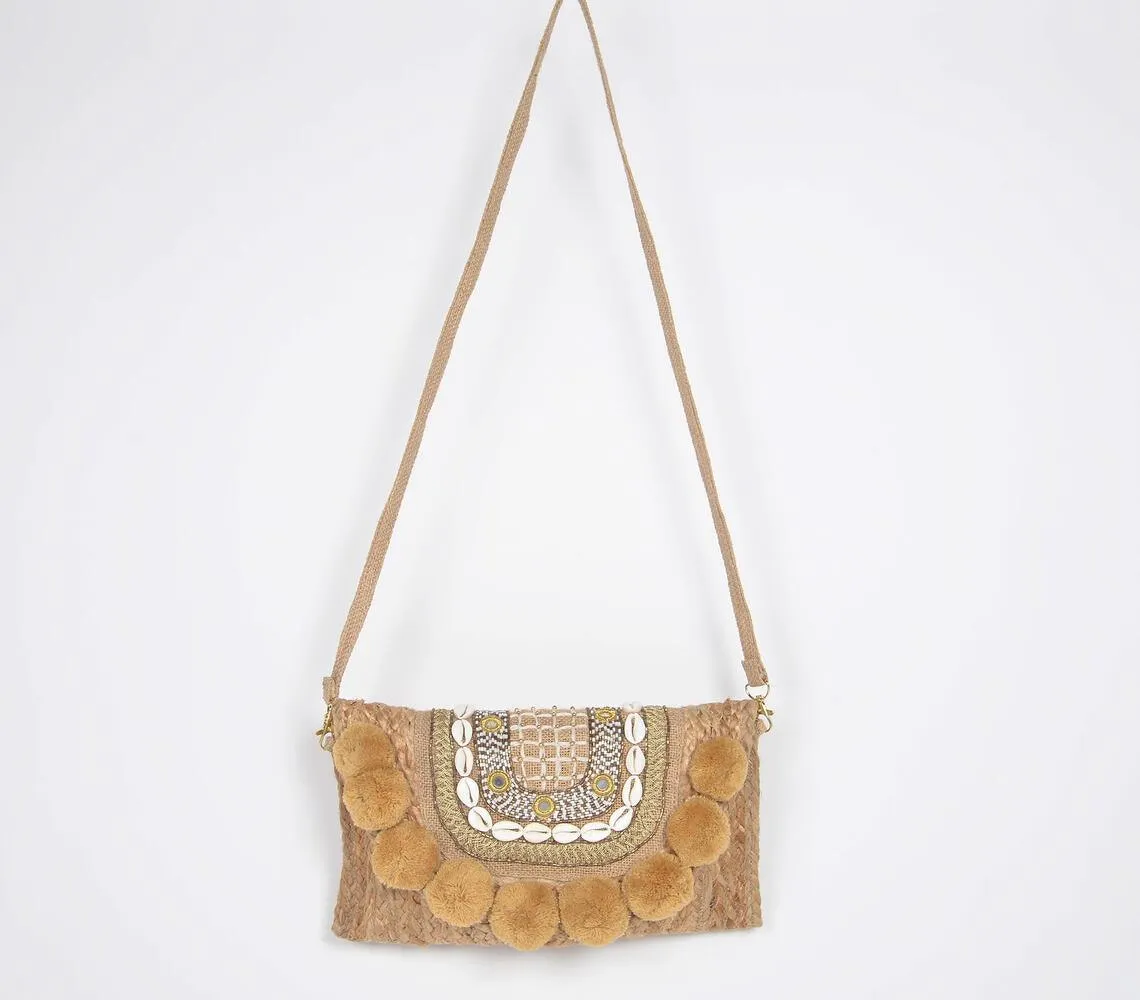 Pom-Pom Embellished & Braided Jute Sling Bag Q