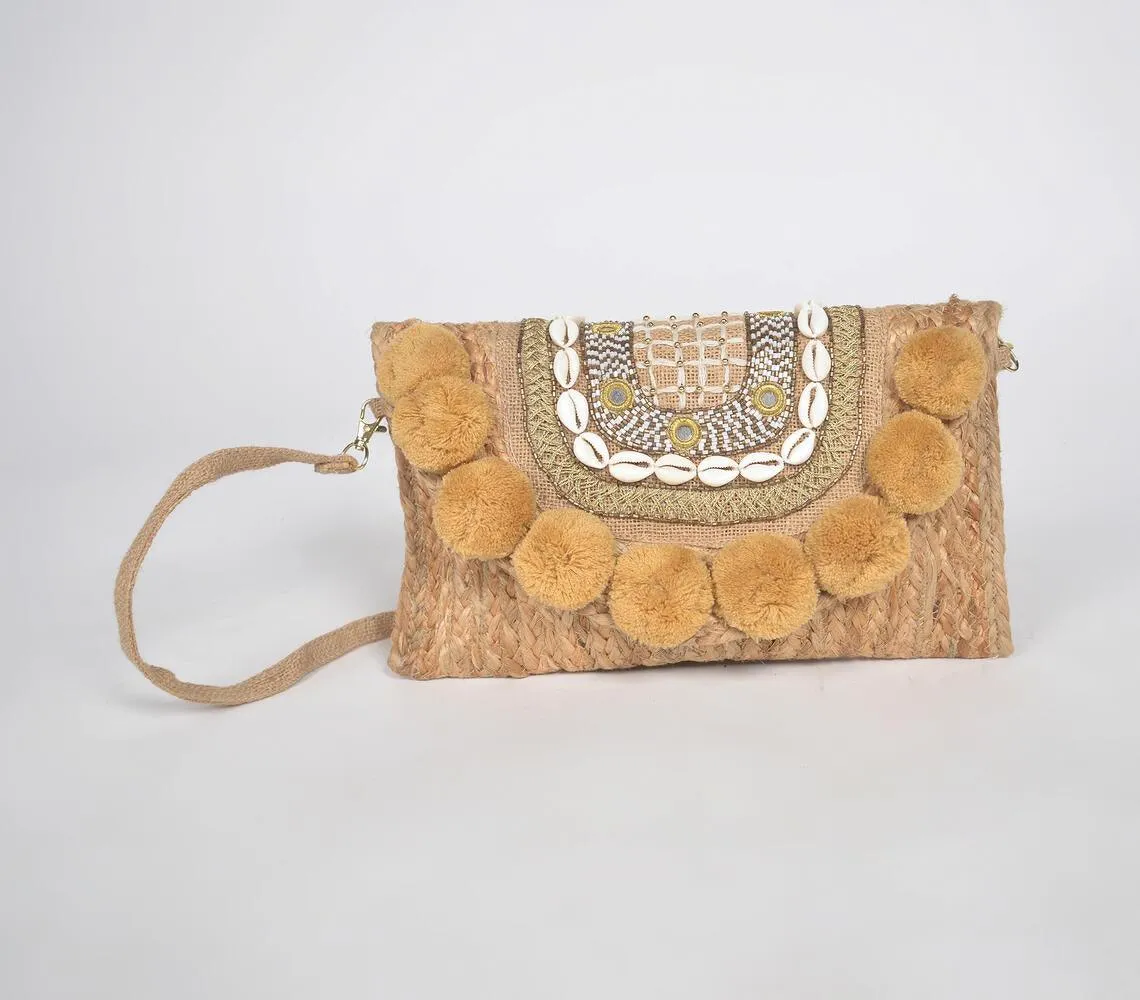 Pom-Pom Embellished & Braided Jute Sling Bag Q