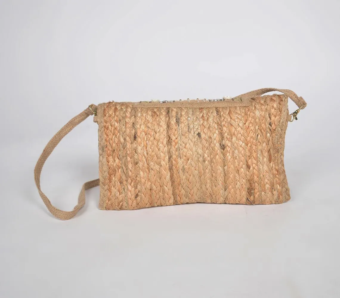 Pom-Pom Embellished & Braided Jute Sling Bag Q